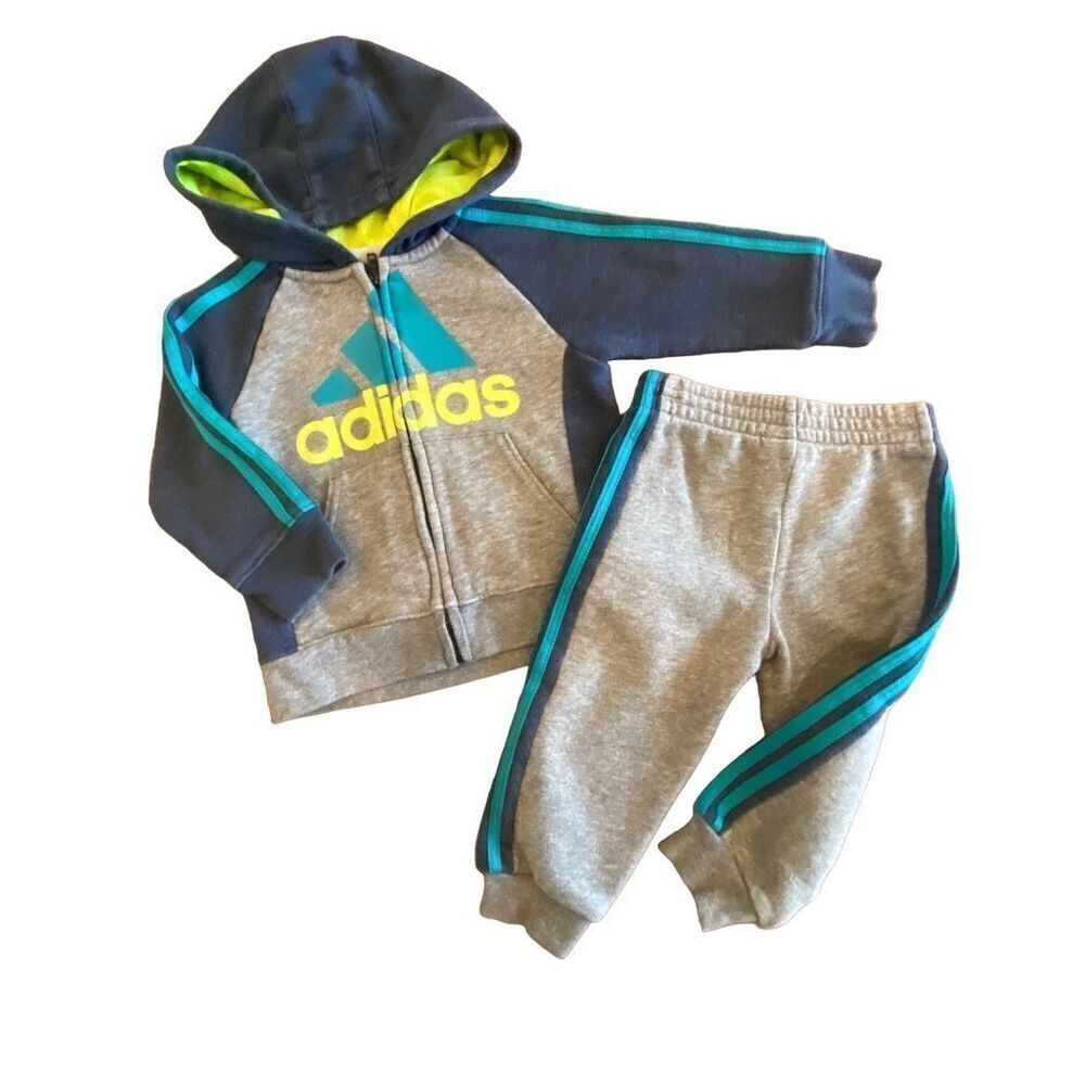 Adidas Hooded ￼Warm Up 2 Piece Outfit Gray Navy Teal Neon Green Sweatsuit Sz 12